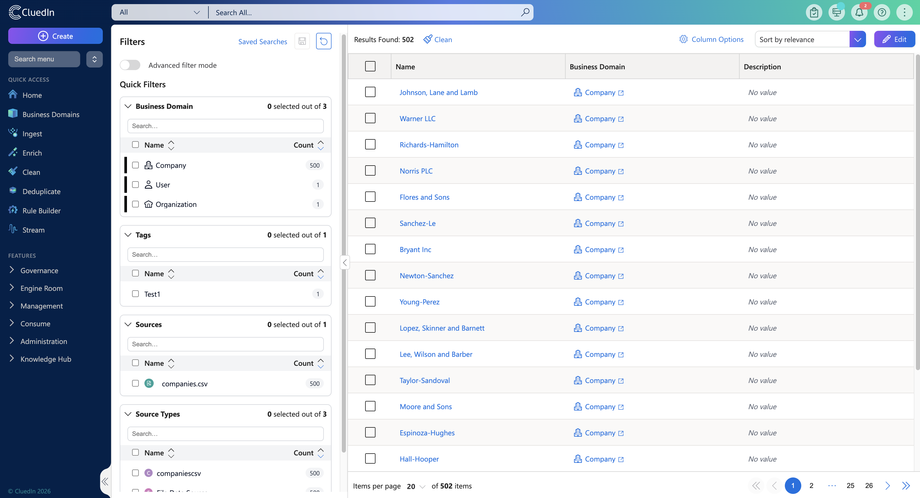 Search page with quick filters for business domain, tags, sources and source types in a left panel and the results table on the right